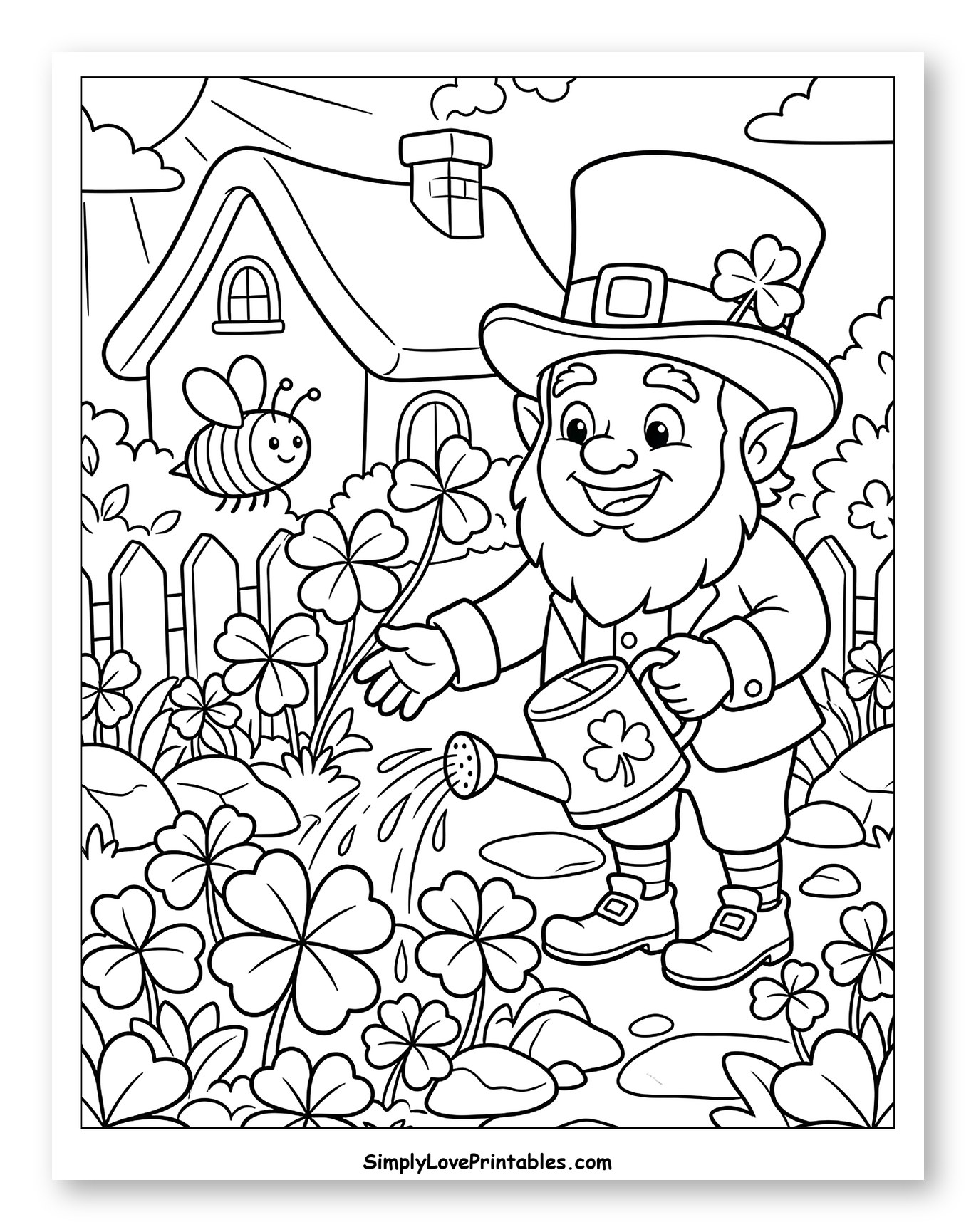 Happy Leprechaun Watering Shamrocks by a House
