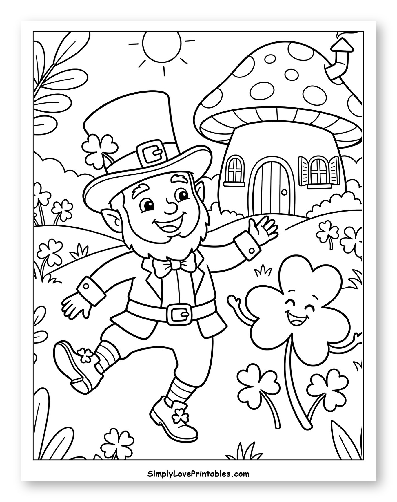 Happy Leprechaun with Mushroom House and Shamrocks