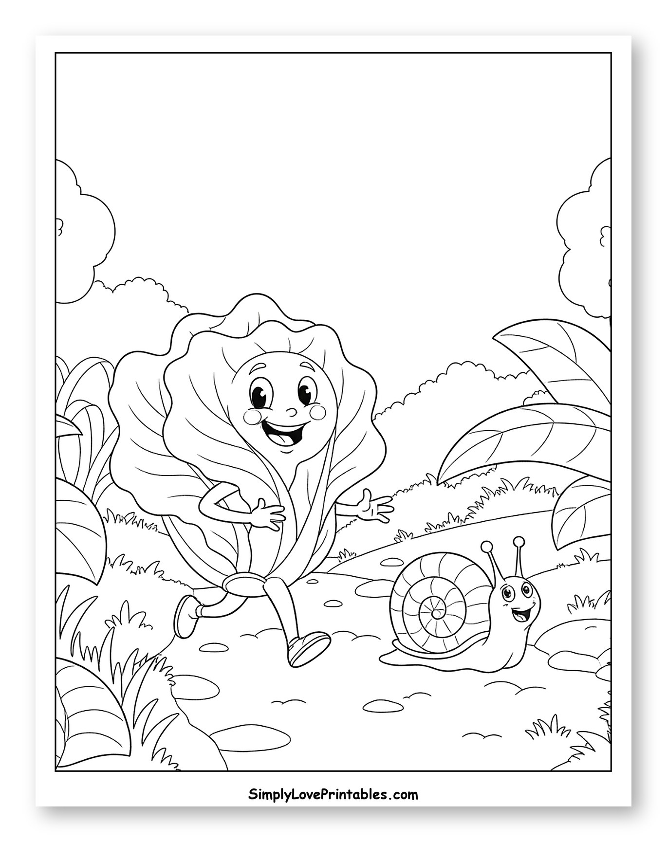 Happy Lettuce Running with Snail Coloring Page for Kids