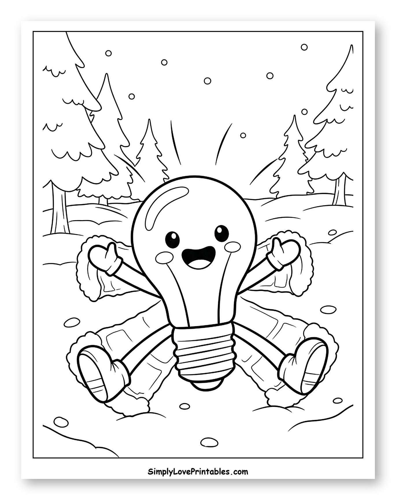 Happy Light Bulb Making a Snow Angel Coloring Page for Kids