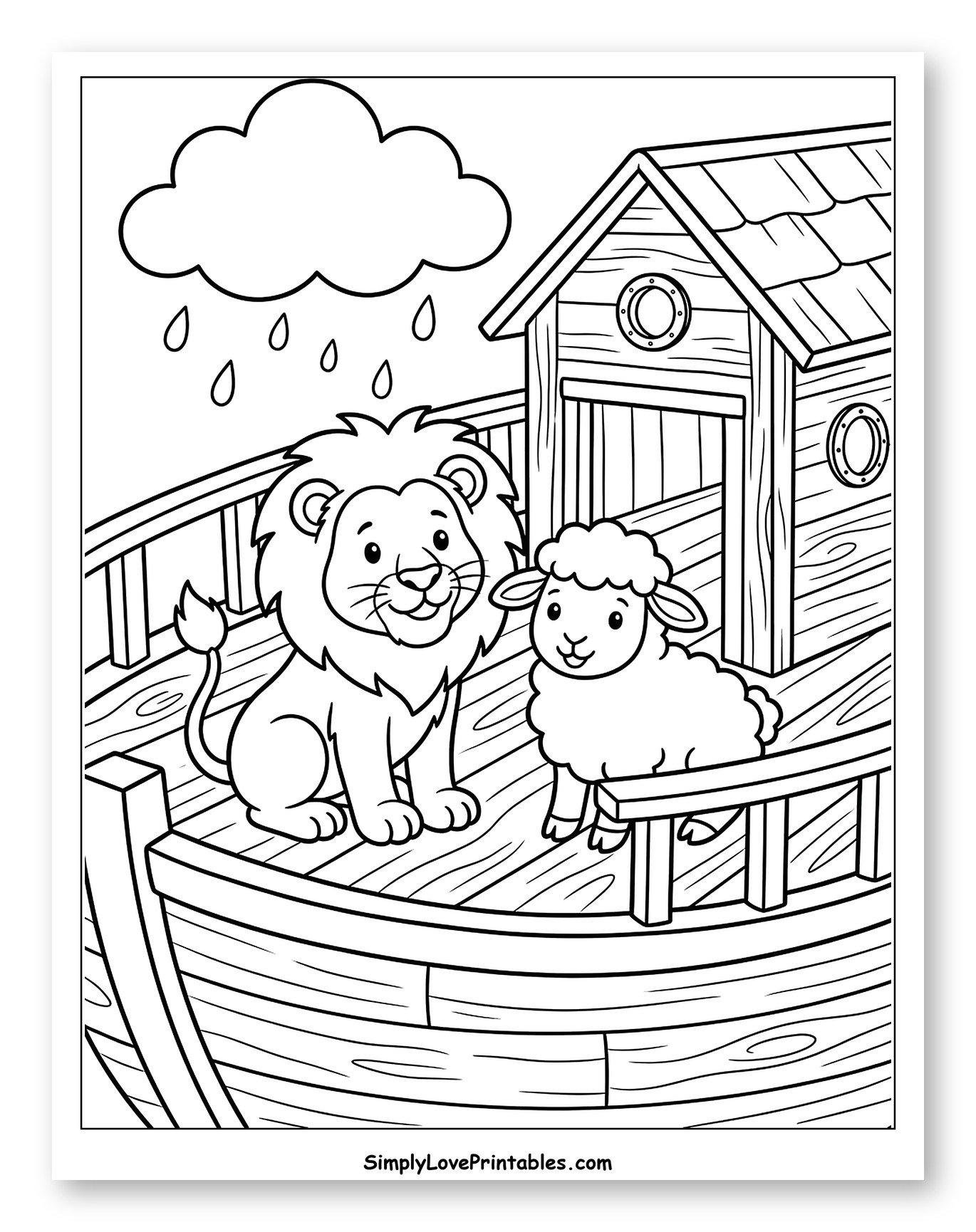 Happy Lion and Lamb Friends on the Ark Coloring Page for Kids