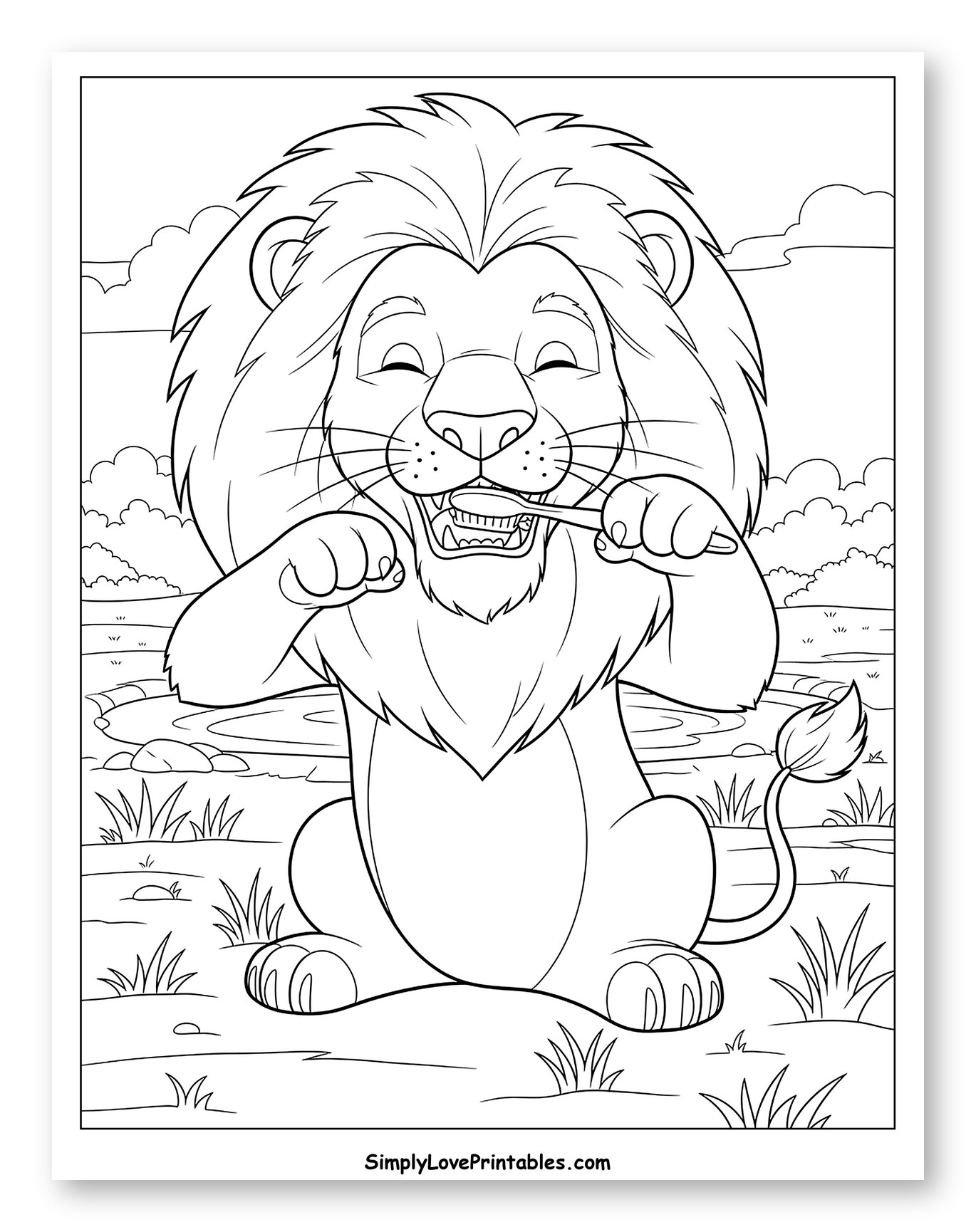 Happy Lion Brushing Its Teeth Coloring Sheet for Kids