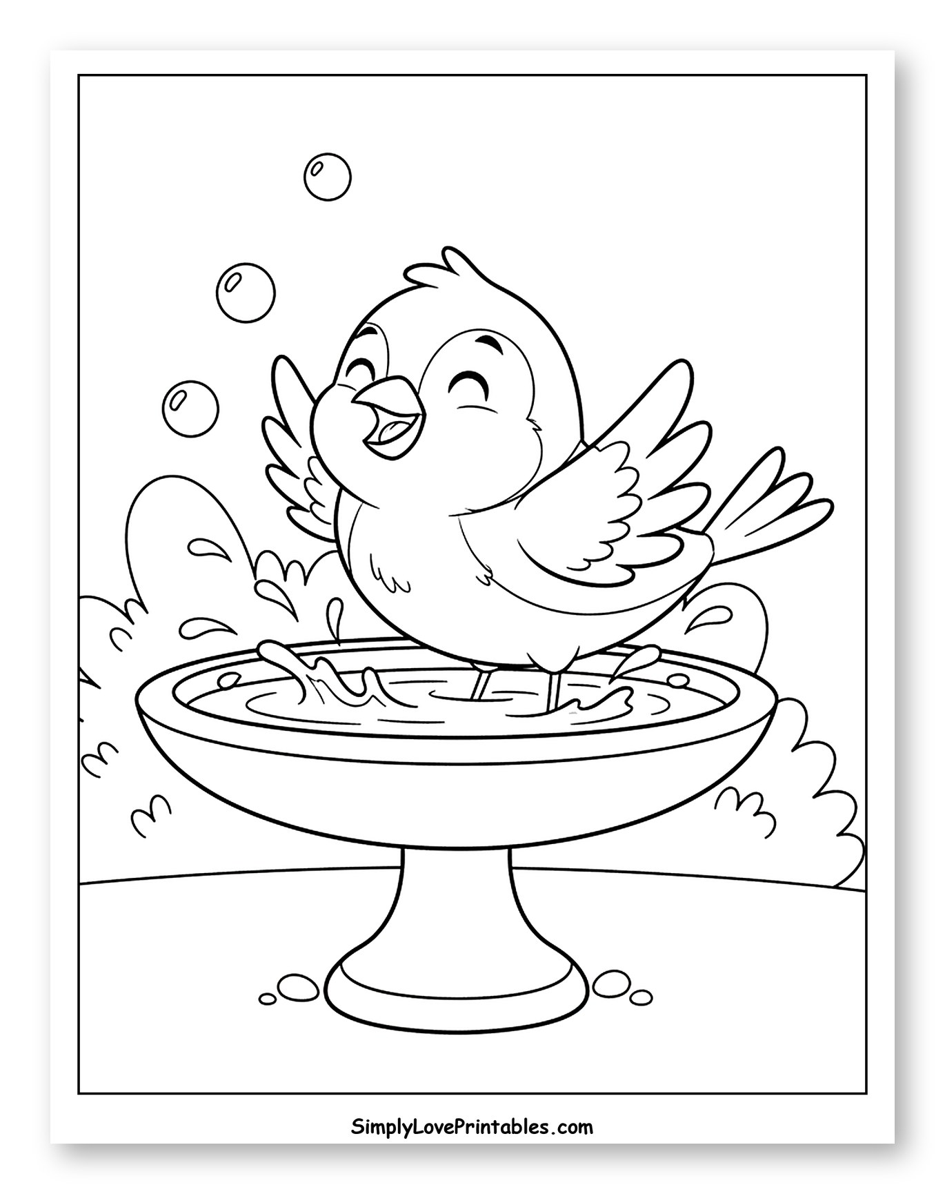 Happy Little Bird Splashing in a Birdbath to Color for Kids