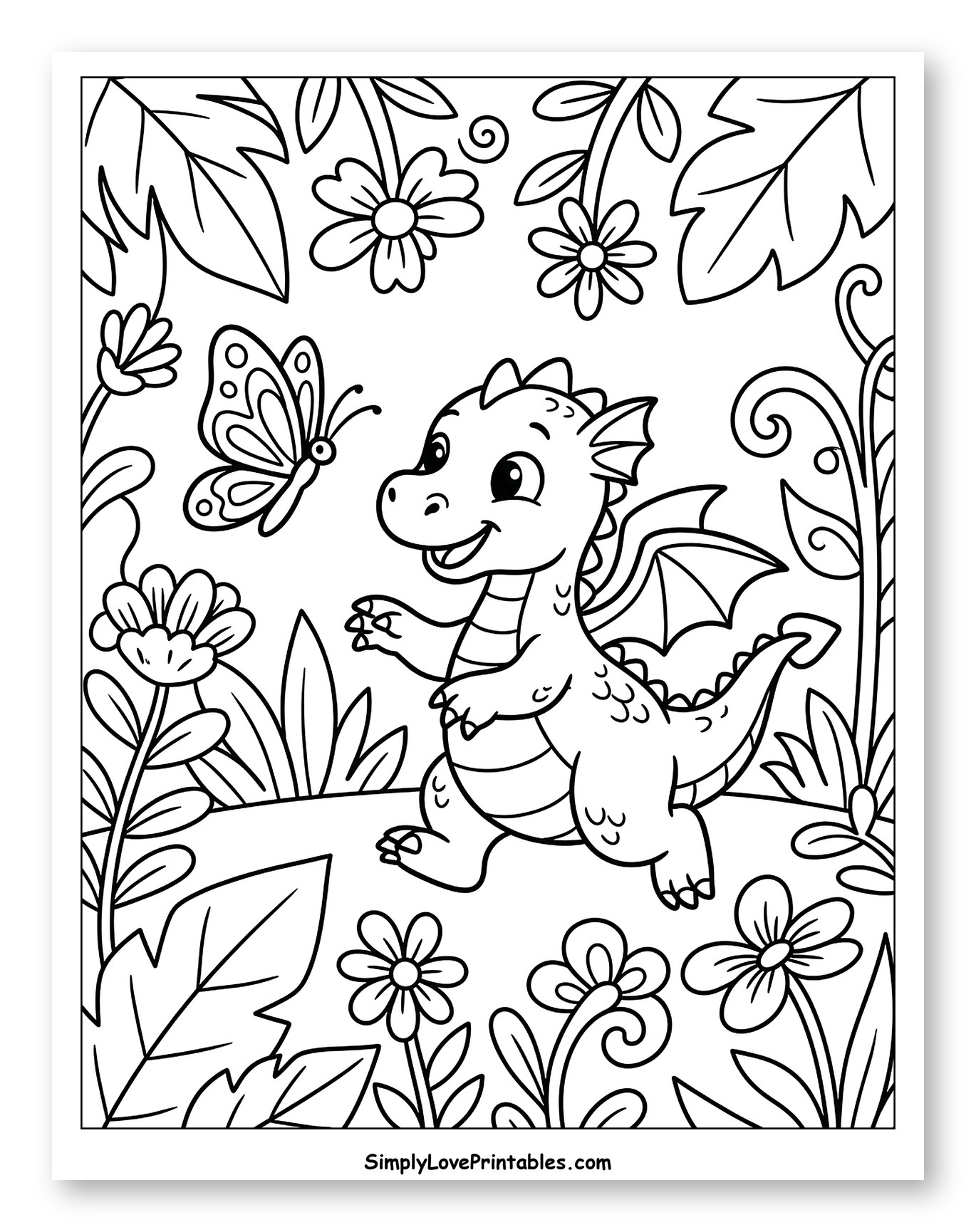 Happy Little Dragon and Butterfly in Garden Coloring Sheet for Kids