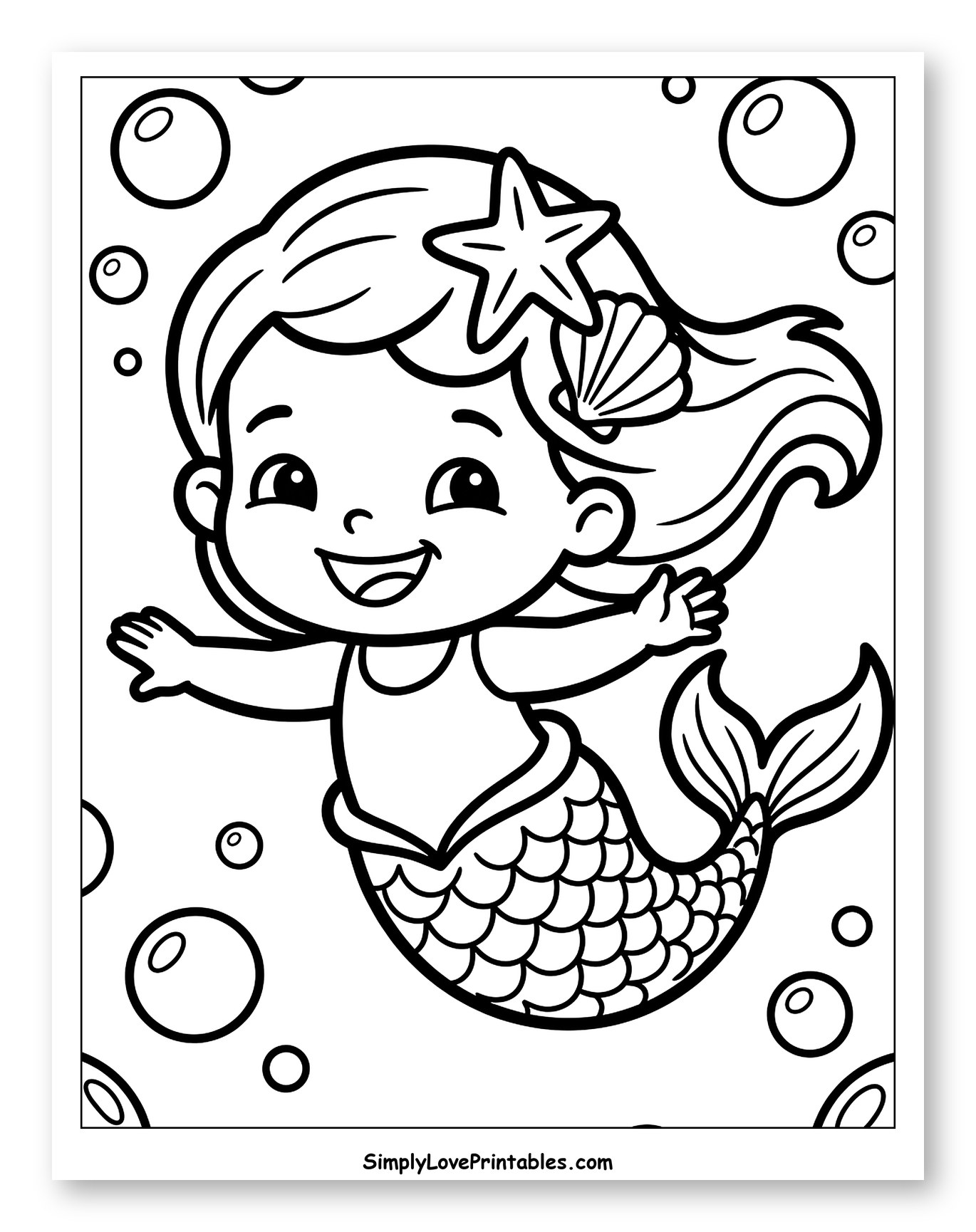 Happy Little Mermaid with Ocean Bubbles Coloring Sheet for Toddlers