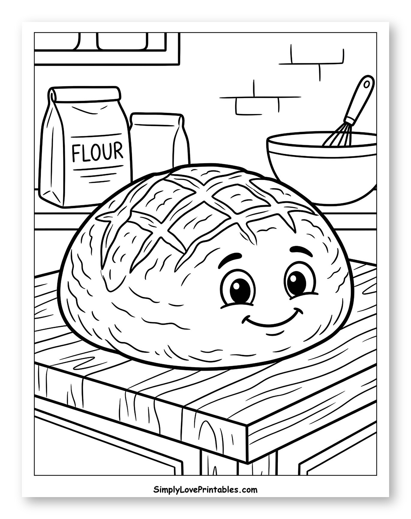 Happy Loaf of Bread with Baking Ingredients Coloring Sheet for Kids