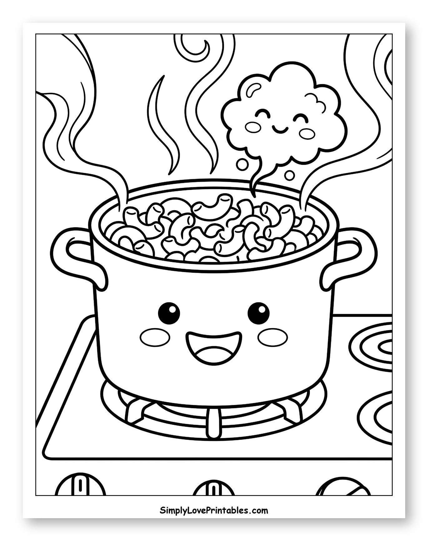 Happy Mac and Cheese Pot on Stove Coloring Page for Kids