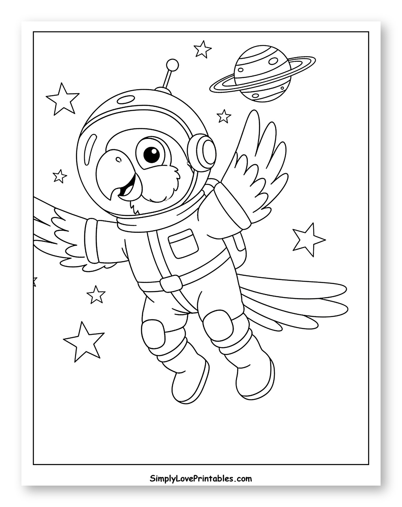 Happy Macaw Astronaut with Planet and Stars