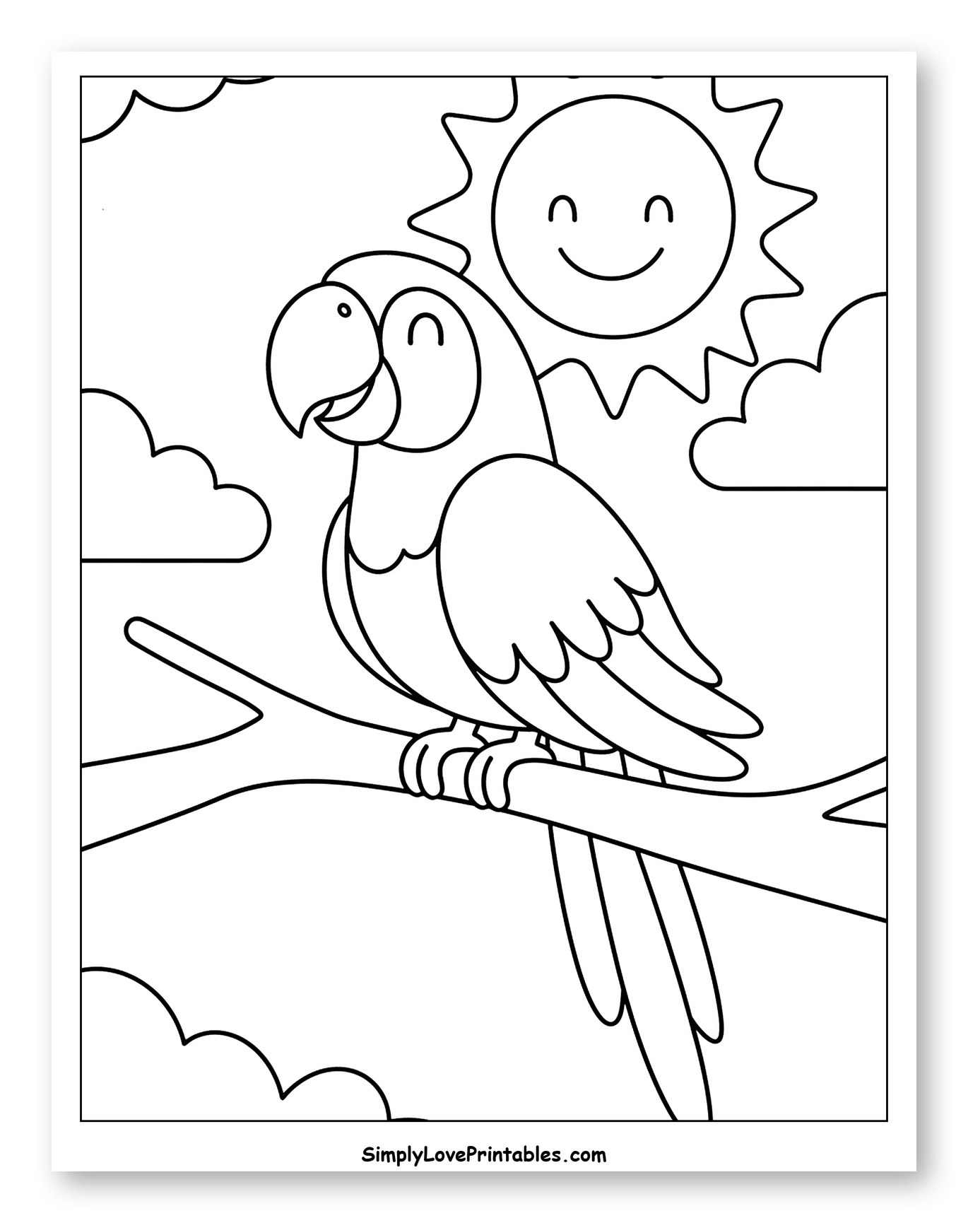 Happy Macaw on a Branch with Smiling Sun Coloring Sheet for Toddlers