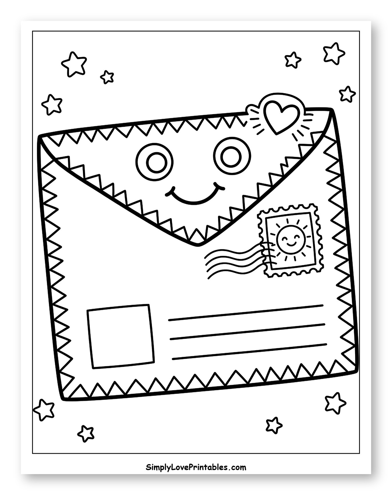 Happy Mail Envelope with Sun Stamp Coloring Sheet for Toddlers