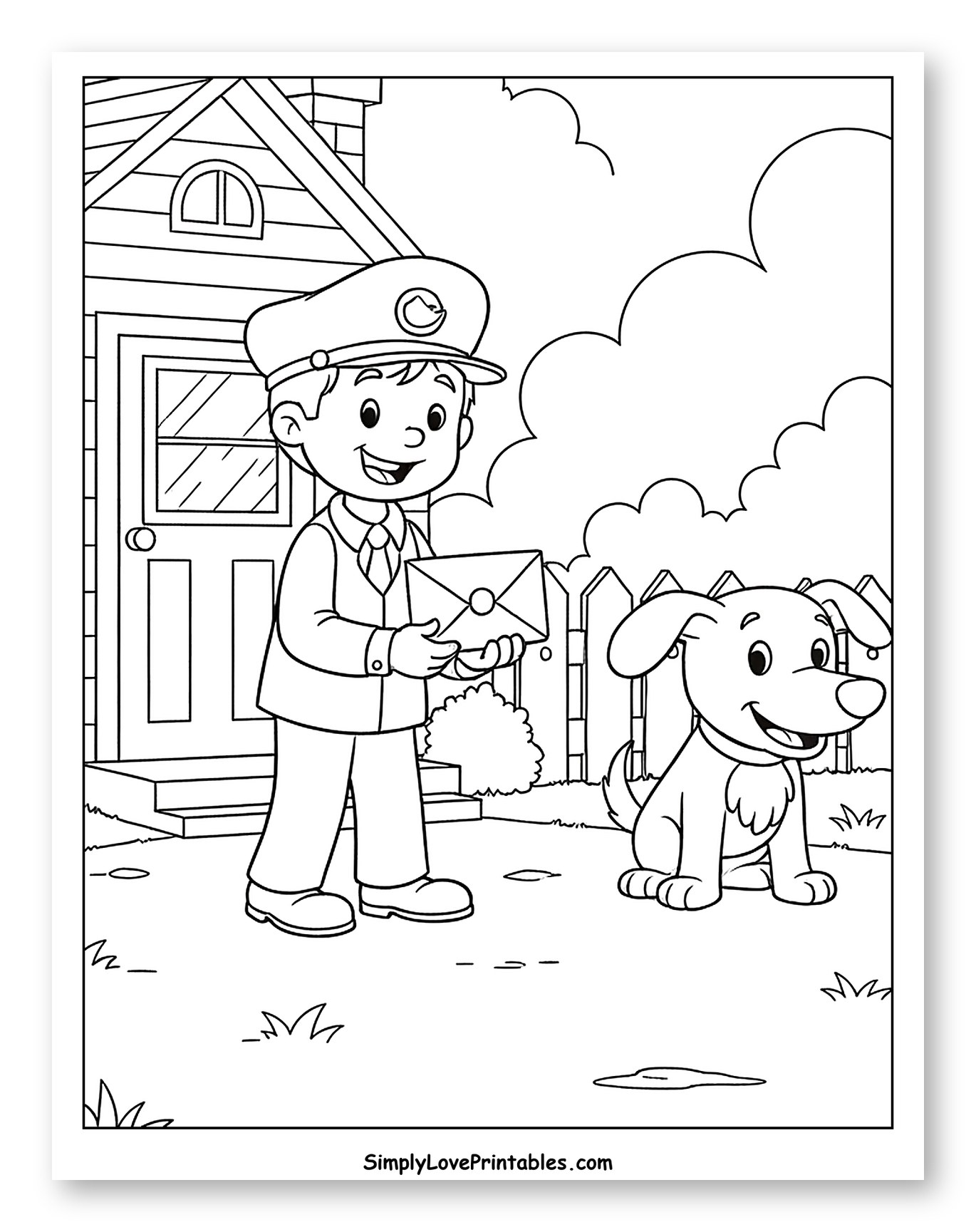 Happy Mailman and Dog Outside House