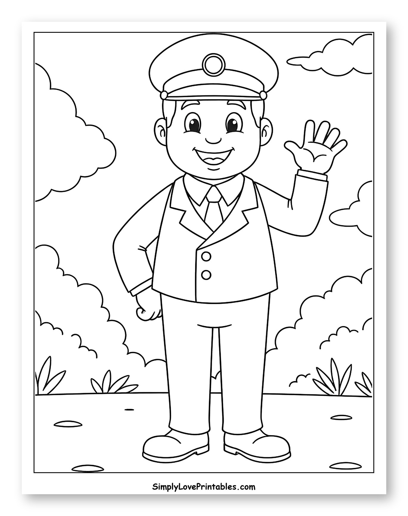 Happy Mailman Waving Hello Outdoors Coloring Page for Toddlers