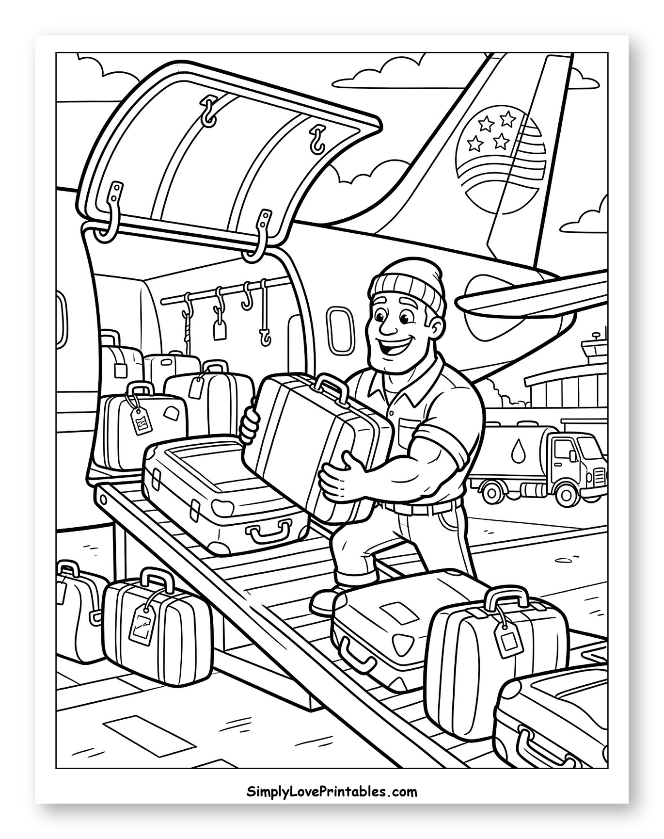 Happy Man Loading Luggage onto an Airplane Coloring Page for Kids