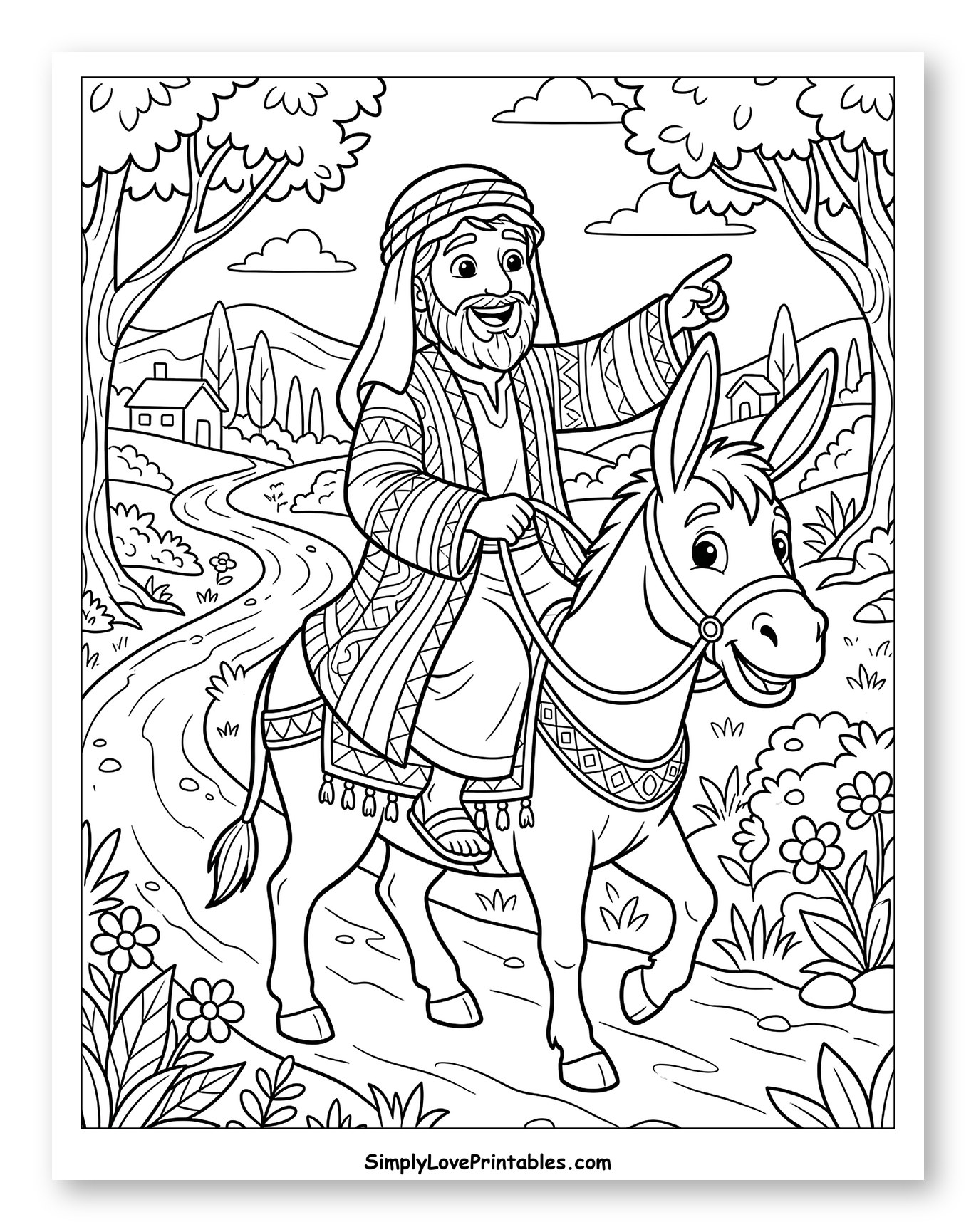 Happy Man Riding Donkey Pointing Ahead to Color for Kids