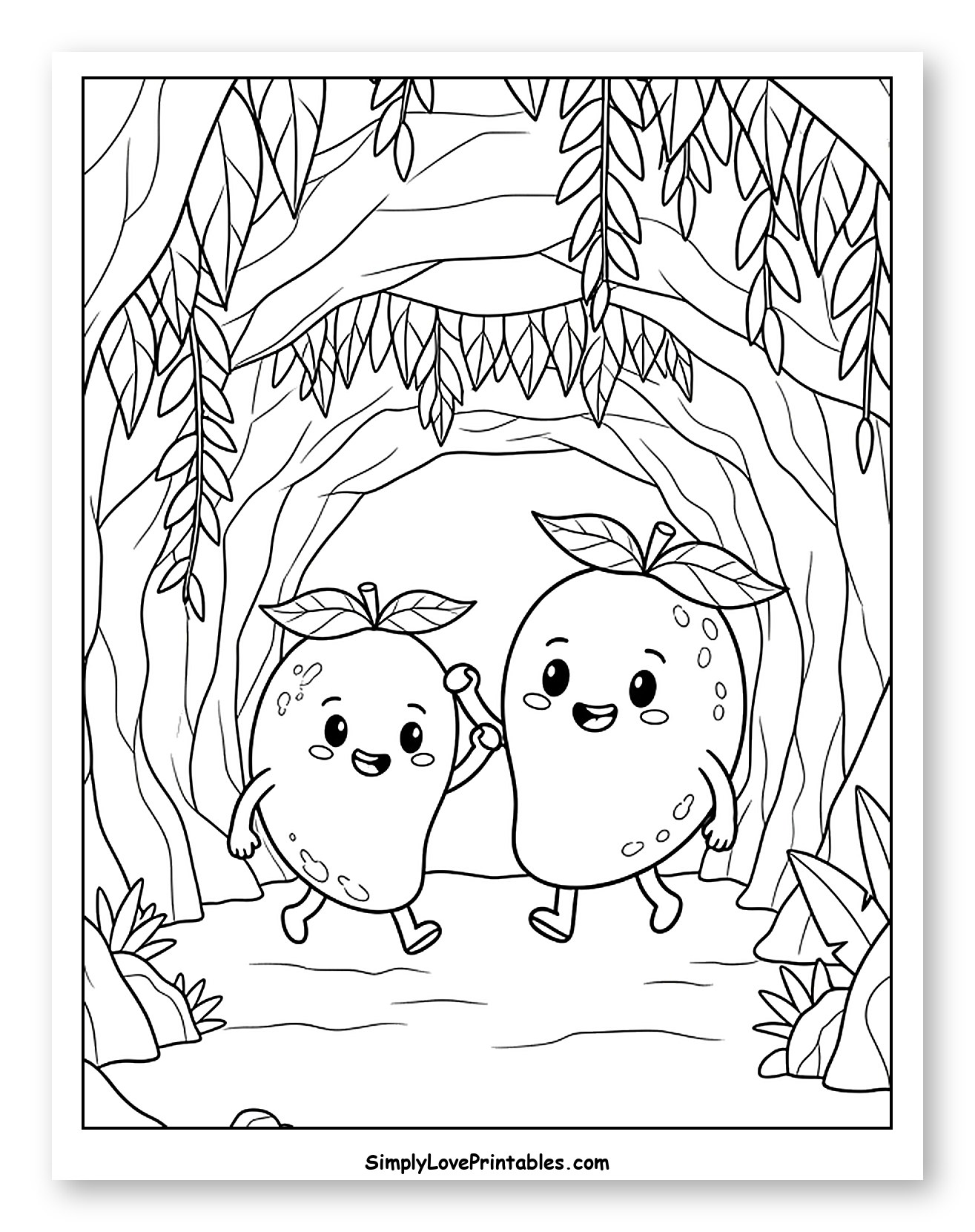 Happy Mango Characters Exploring a Lush Cave Coloring Sheet for Kids