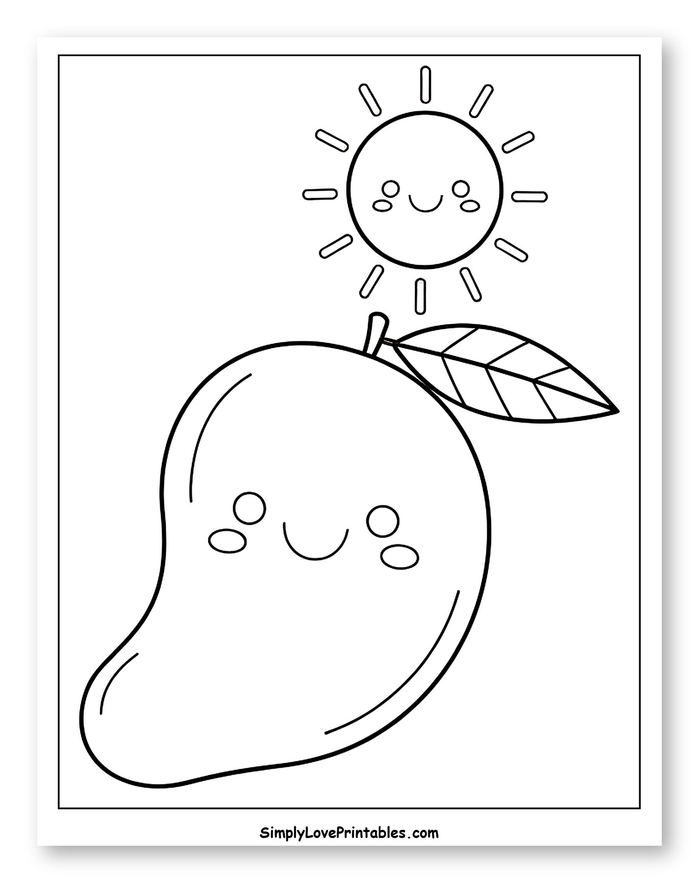 Happy Mango with Leaf and Smiling Sun Coloring Page for Toddlers