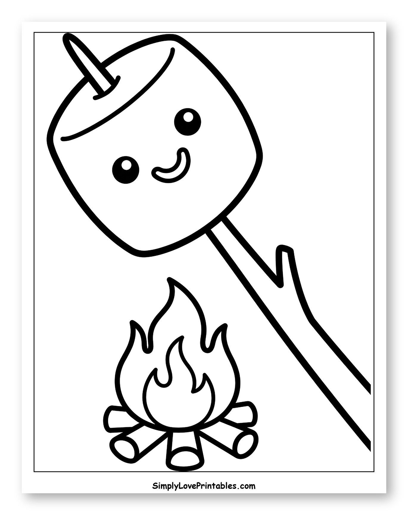 Happy Marshmallow Roasting Over a Fire to Color for Toddlers