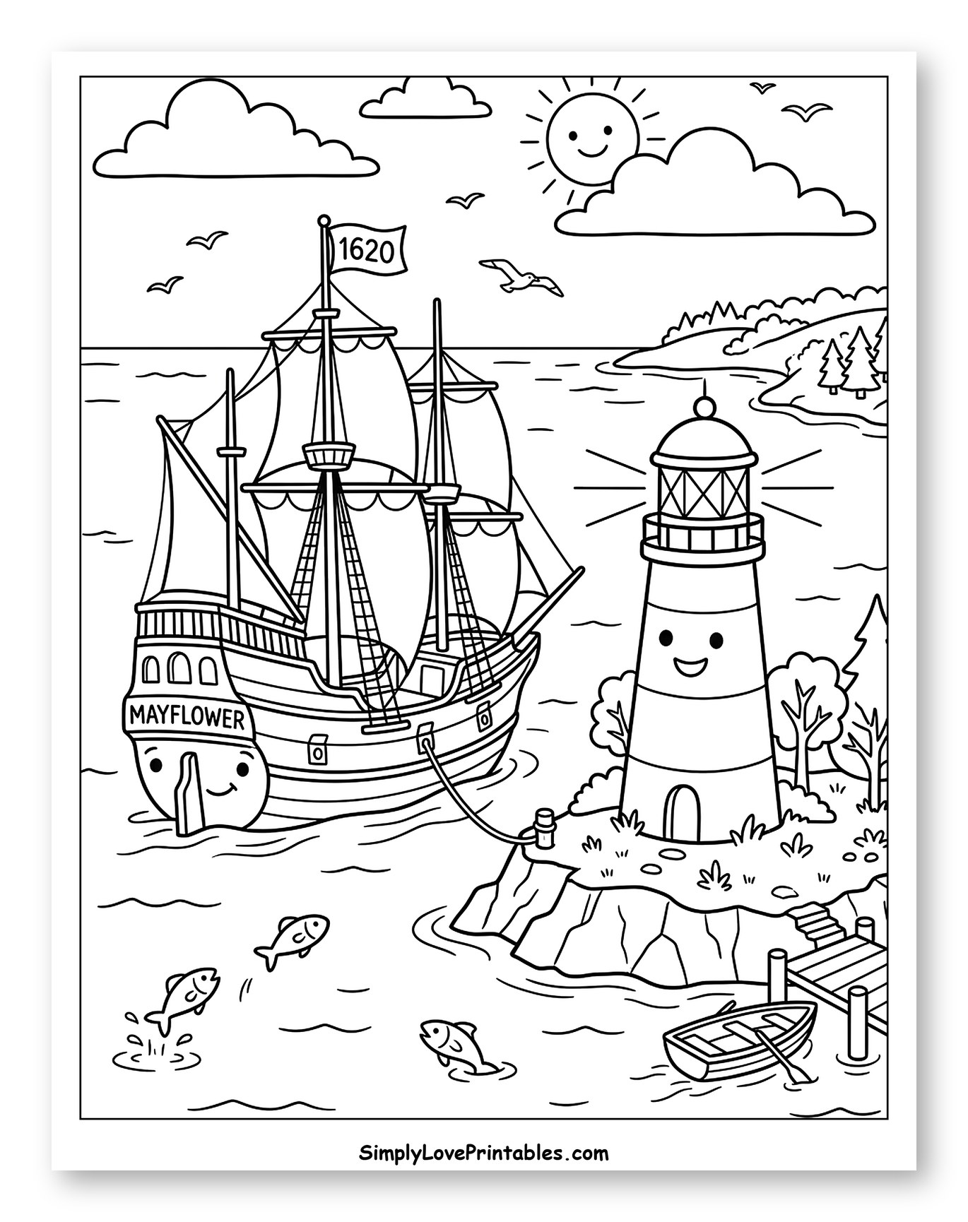 Happy Mayflower Ship Docked by a Lighthouse
