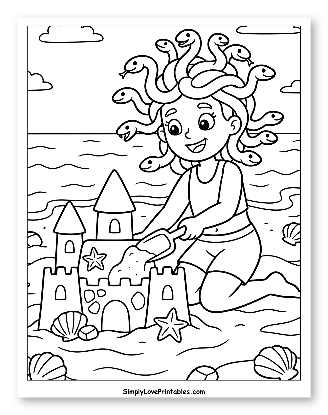 Happy Medusa Building a Sandcastle at Beach Coloring Page for Kids