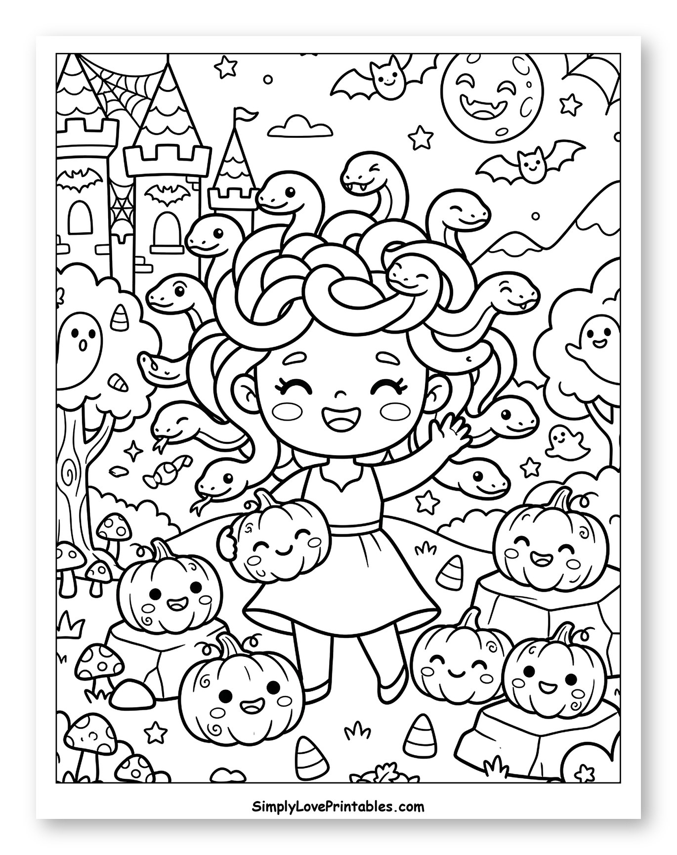 Happy Medusa with Pumpkins and Bats