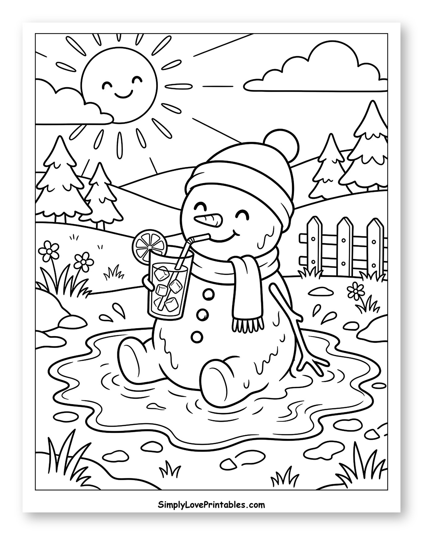 Happy Melting Snowman Sipping a Cold Drink Coloring Sheet for Kids