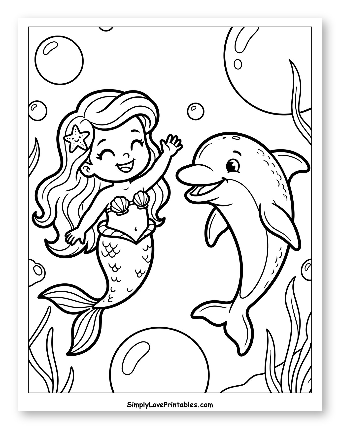 Happy Mermaid and Dolphin Underwater Coloring Sheet for Toddlers
