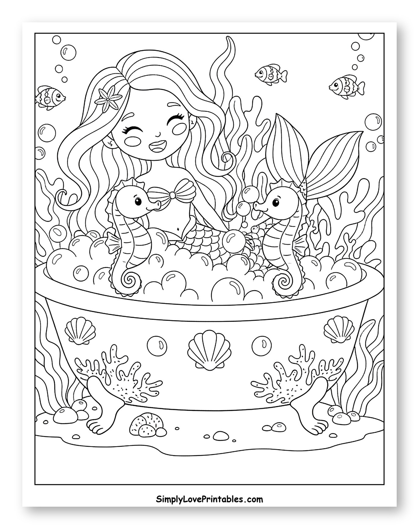 Happy Mermaid Bubble Bath with Seahorses Coloring Sheet for Kids