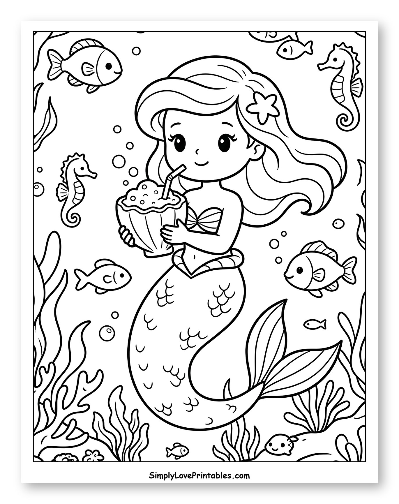 Happy Mermaid Enjoying a Coconut Smoothie to Color for Kids
