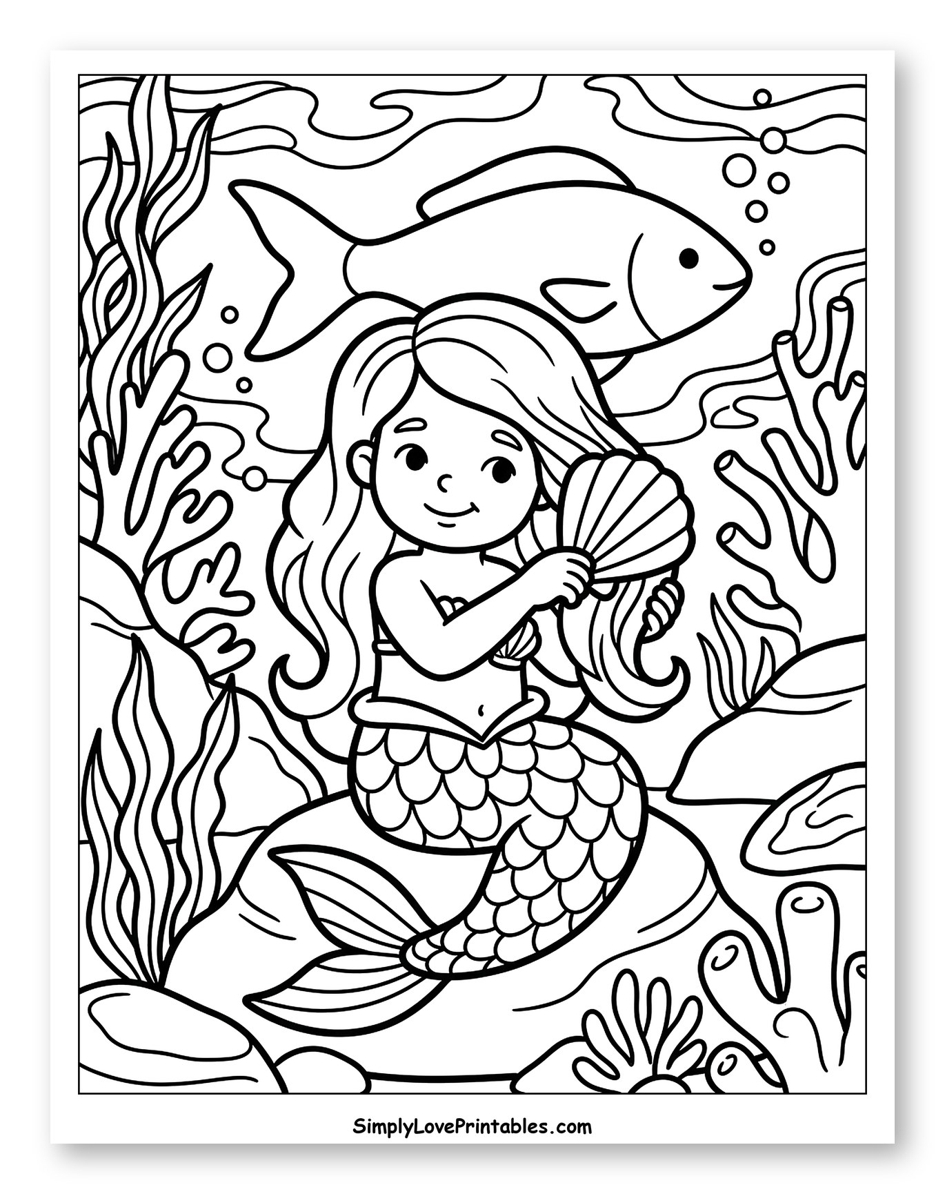 Happy Mermaid Holding a Seashell Under the Ocean
