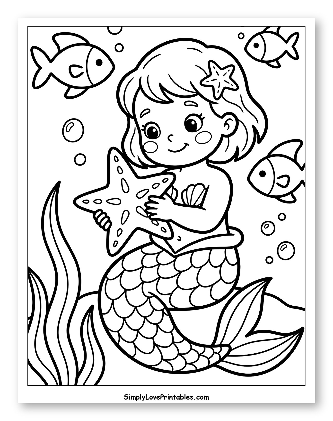 Happy Mermaid Holding a Starfish Coloring Sheet for Toddlers
