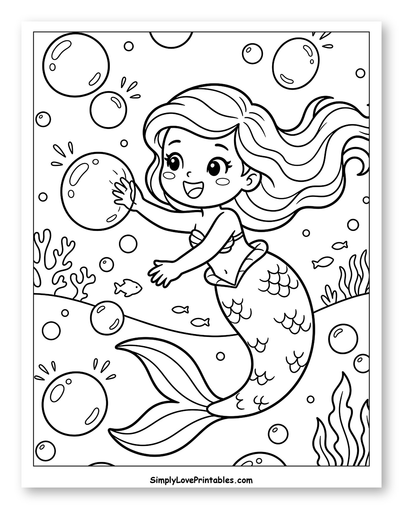 Happy Mermaid Playing with Bubbles Underwater