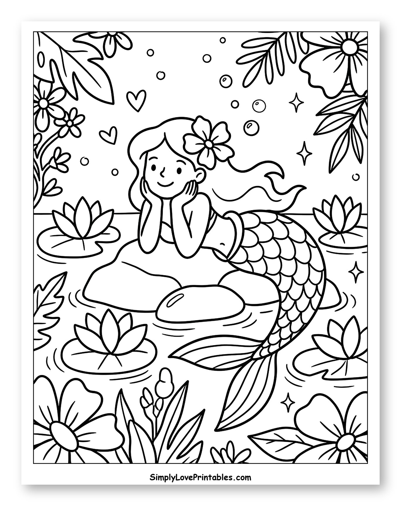 Happy Mermaid Resting in a Lotus Pond to Color for Adults