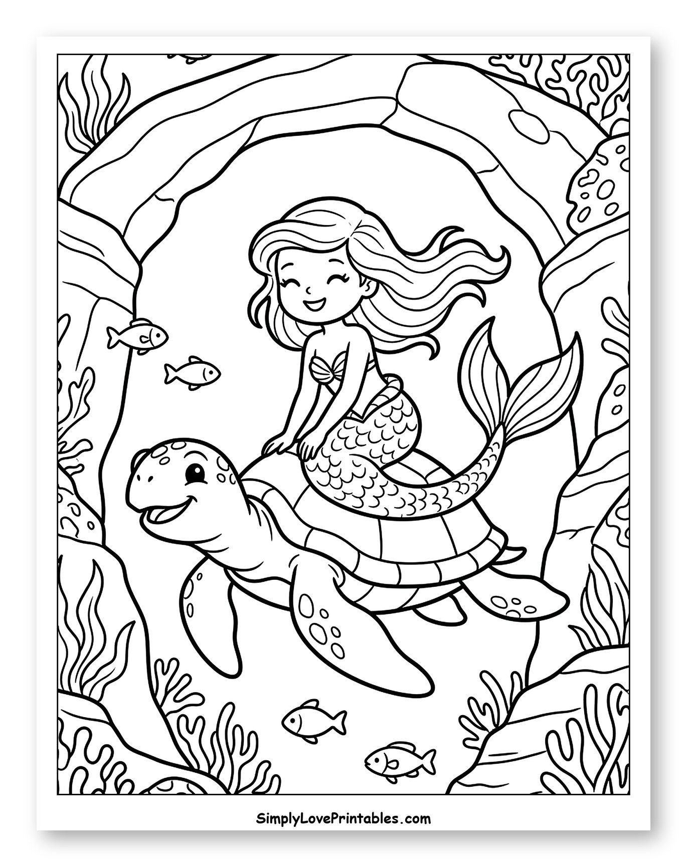 Happy Mermaid Riding a Sea Turtle Coloring Page for Kids
