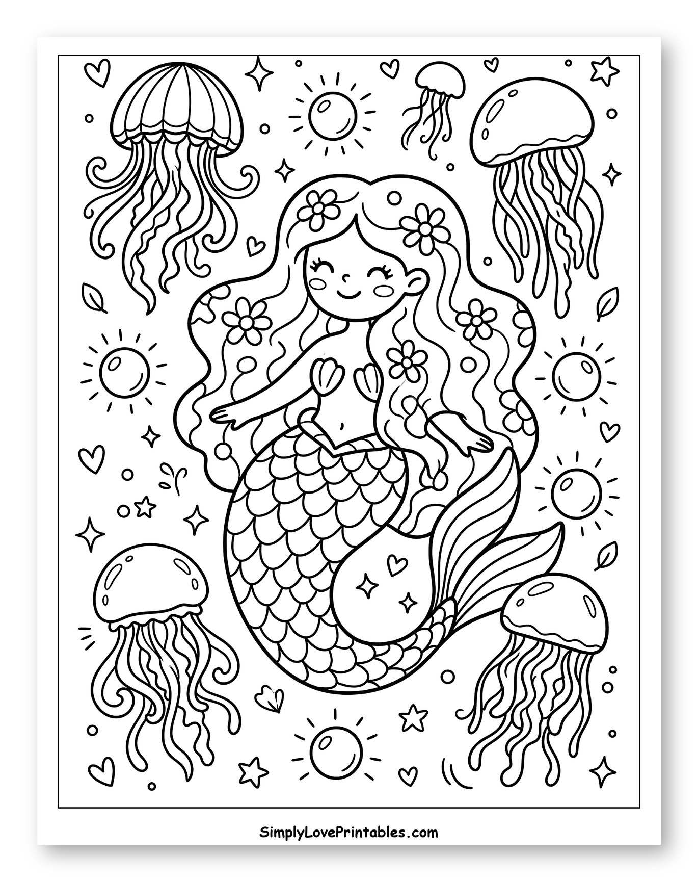 Happy Mermaid with Jellyfish and Pearls