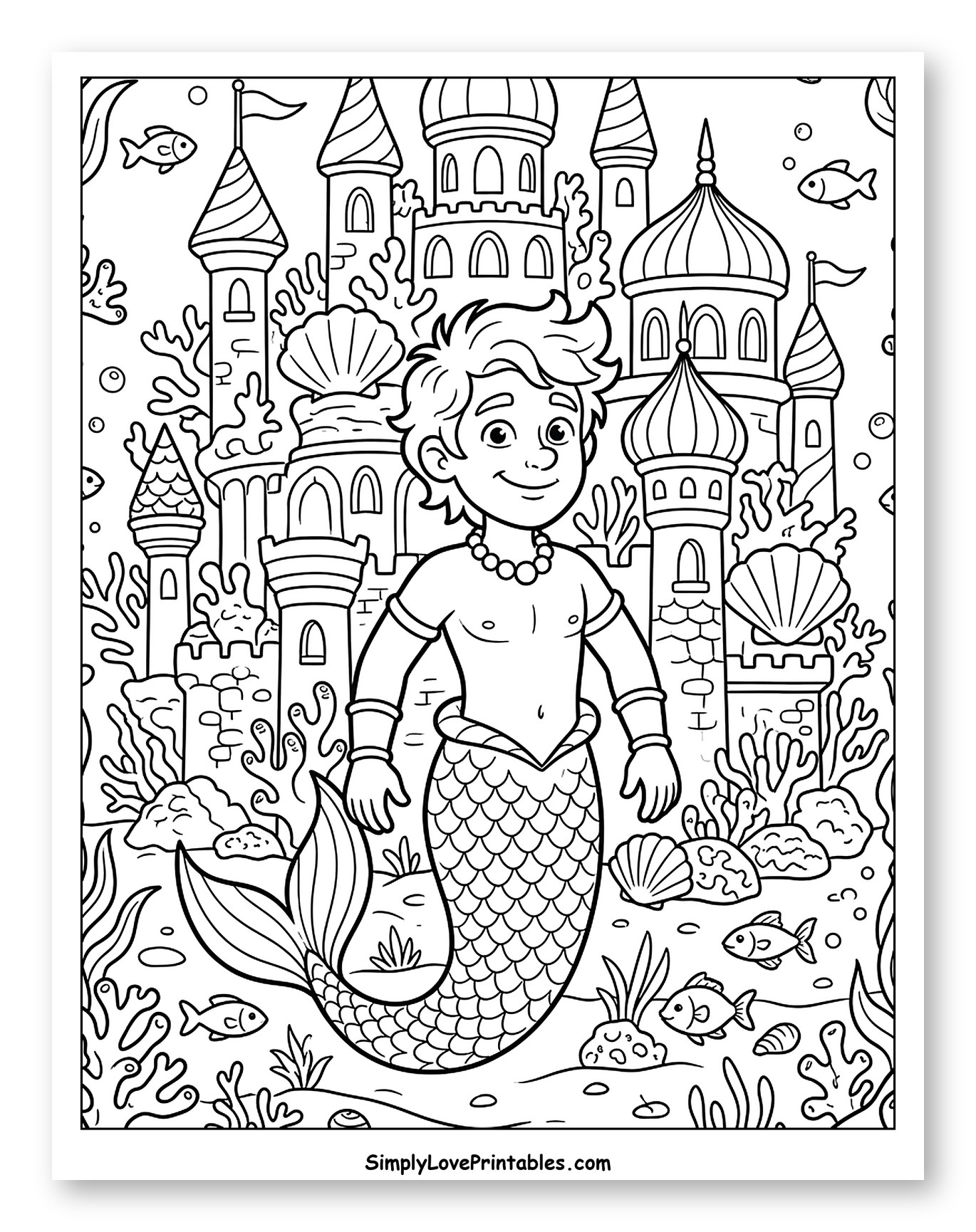 Happy Merman in Front of an Underwater Castle