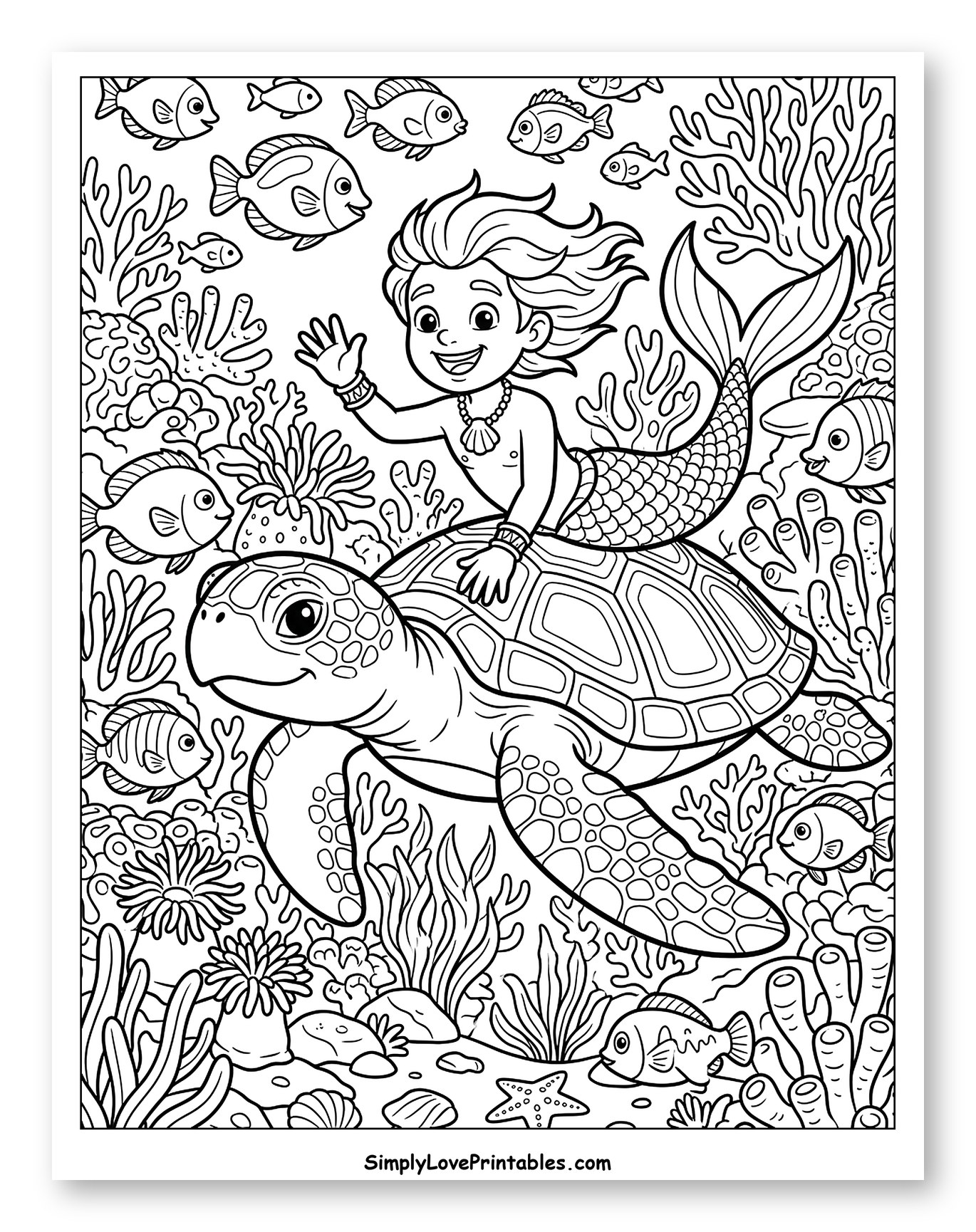 Happy Merman Riding Sea Turtle in Ocean Coloring Sheet for Kids