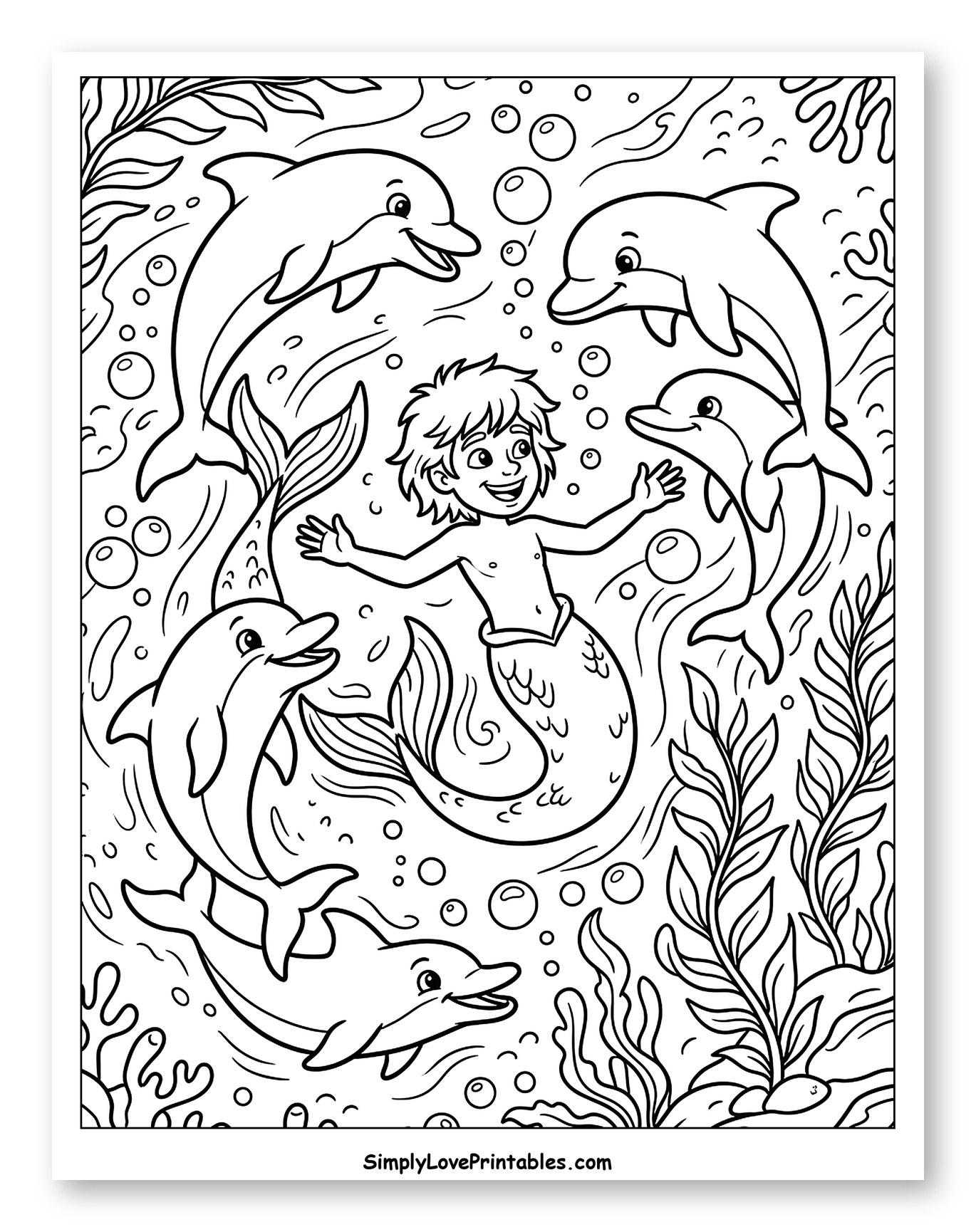 Happy Merman Swimming with Five Dolphins to Color for Kids