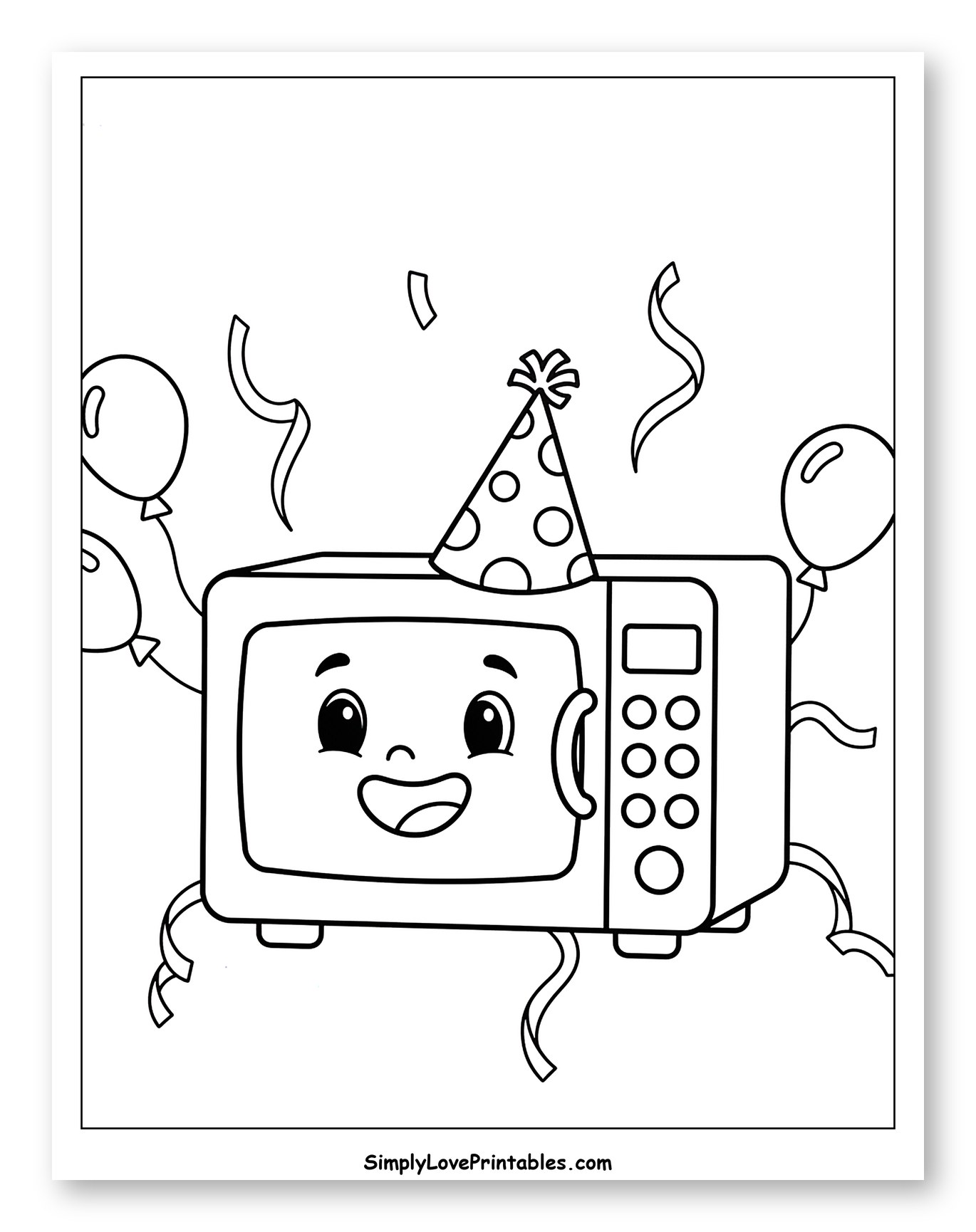 Happy Microwave with Balloons and Party Hat Coloring Page for Toddlers