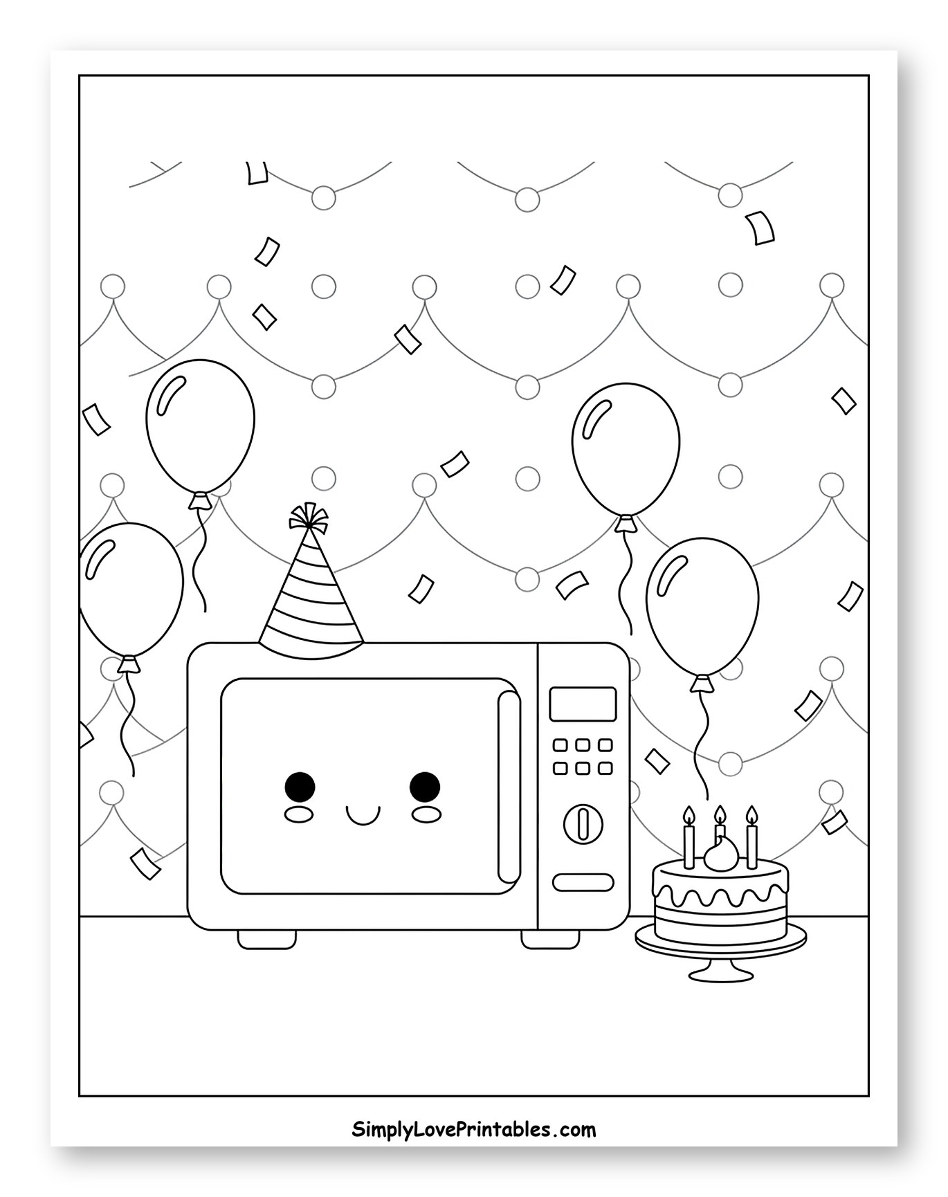 Happy Microwave with Birthday Cake and Balloons Coloring Page for Kids