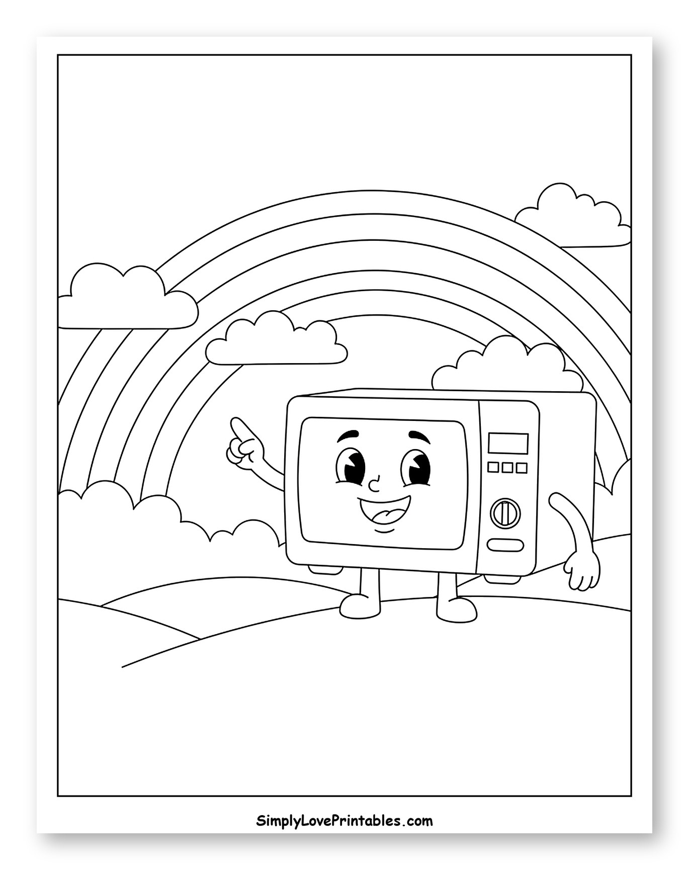 Happy Microwave with Rainbow and Clouds