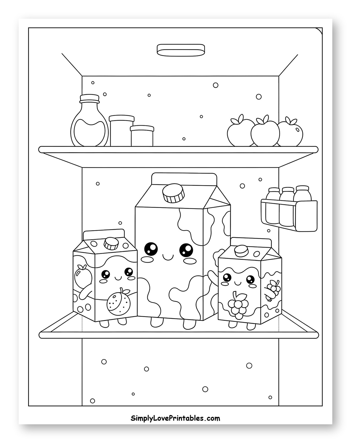 Happy Milk and Juice Cartons in Fridge Coloring Page for Kids