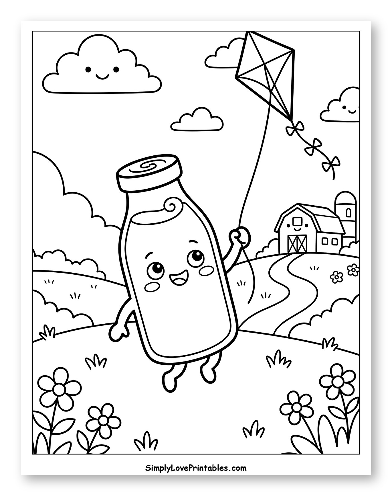 Happy Milk Bottle Flying a Kite on a Farm