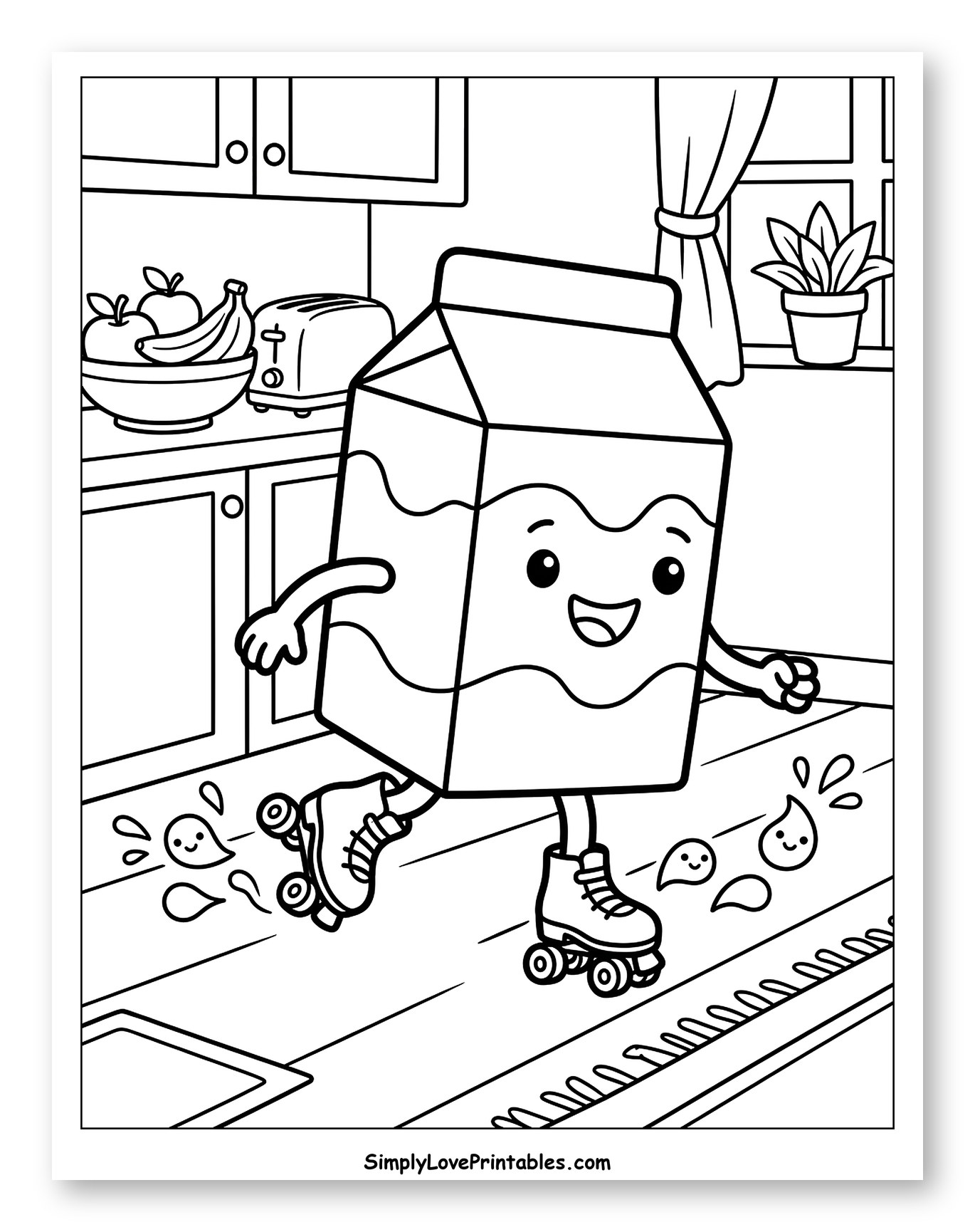 Happy Milk Carton Roller Skating in Kitchen to Color for Kids