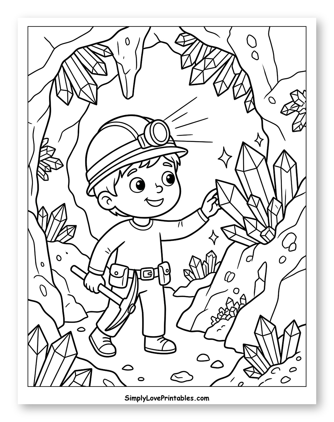 Happy Miner Boy Exploring a Crystal Cave Coloring Sheet for Kids