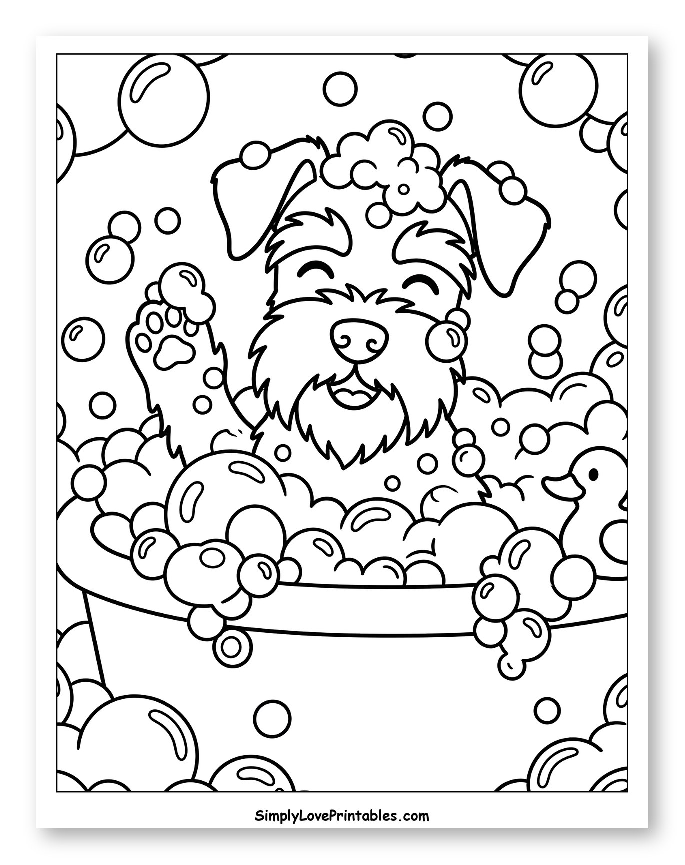 Happy Miniature Schnauzer Dog in Bubble Bath Coloring Sheet for Kids