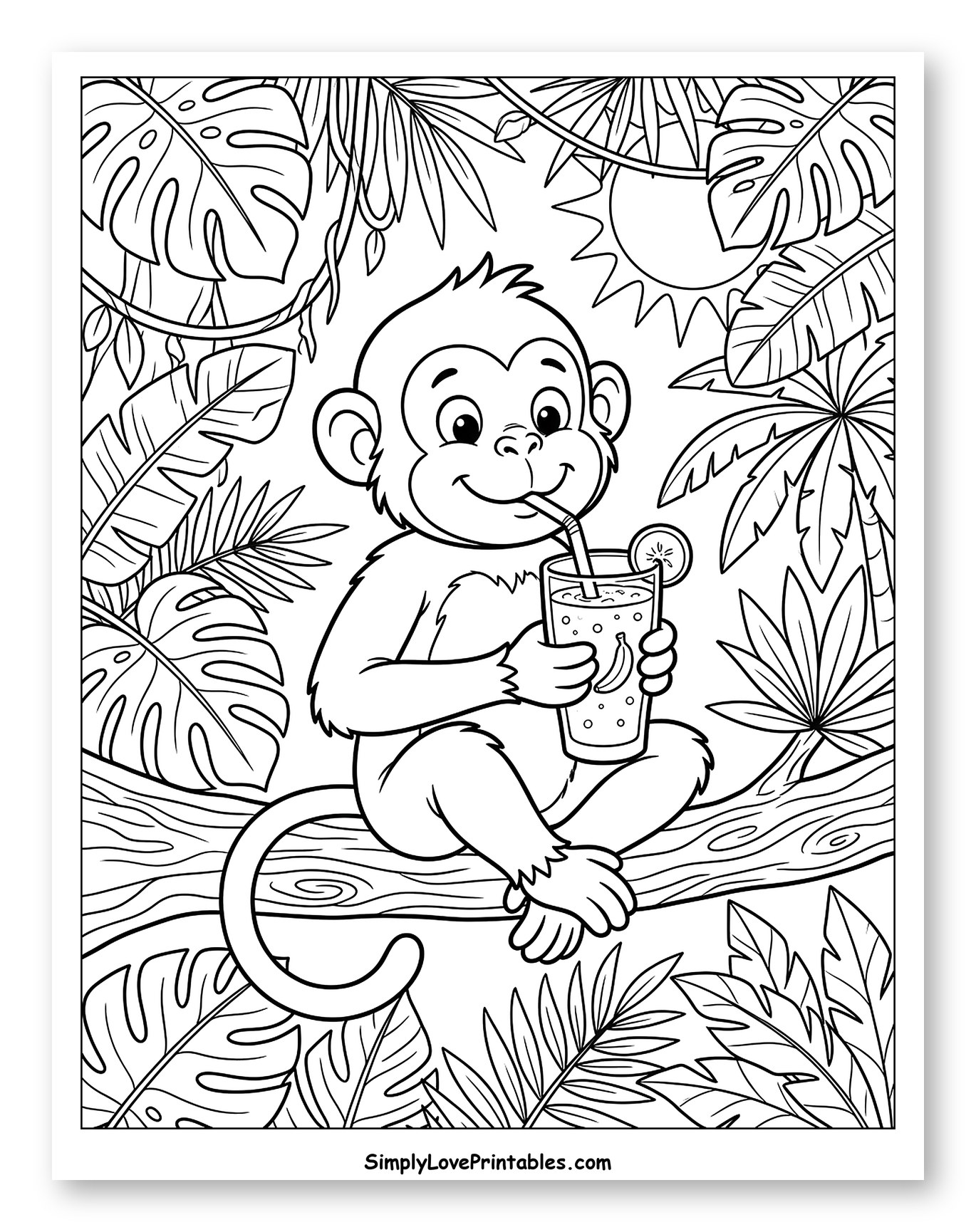 Happy Monkey Drinking Banana Smoothie in Jungle