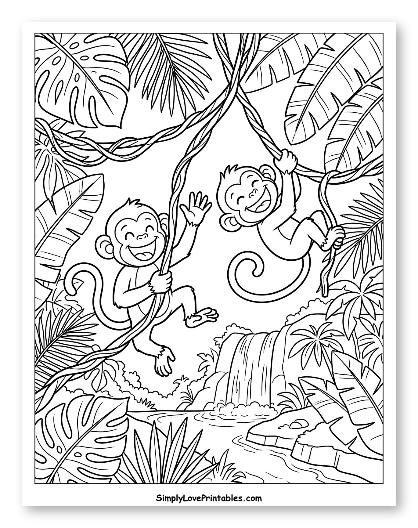 Happy Monkeys Swinging on a Vine Coloring Sheet for Kids