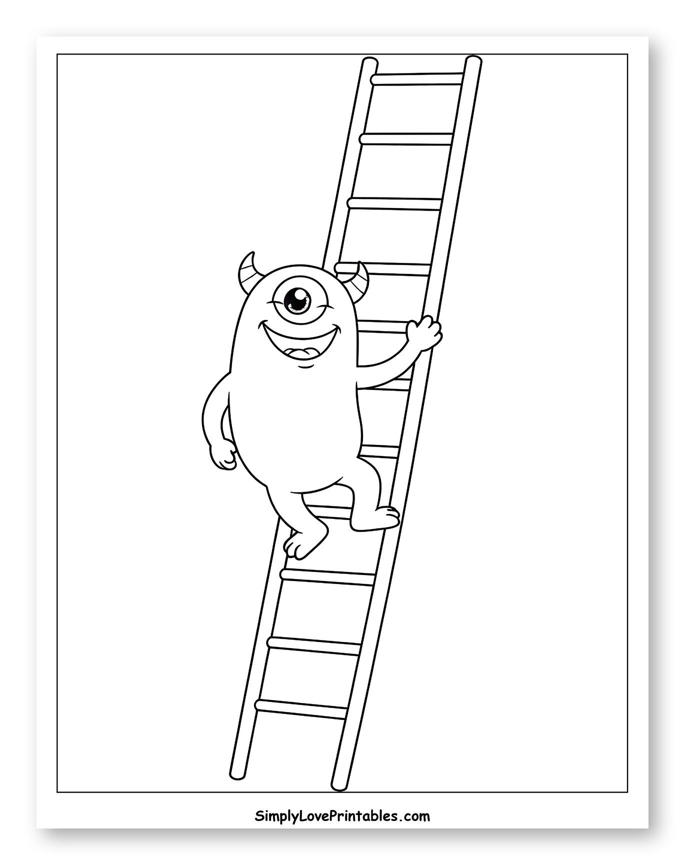 Happy Monster Climbing a Tall Ladder to Color for Toddlers