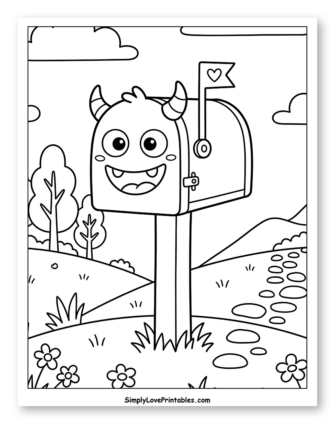 Happy Monster Mailbox with Flowers and Hills Coloring Page for Kids