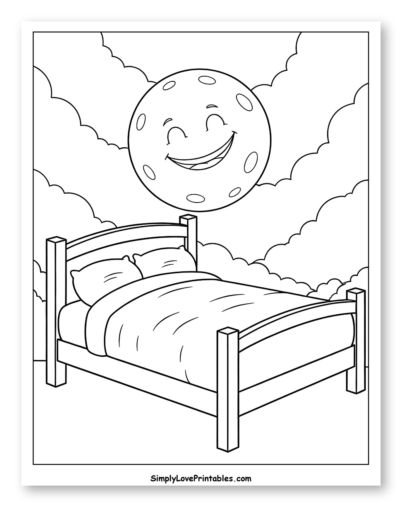 Happy Moon Above a Comfortable Bed to Color for Toddlers